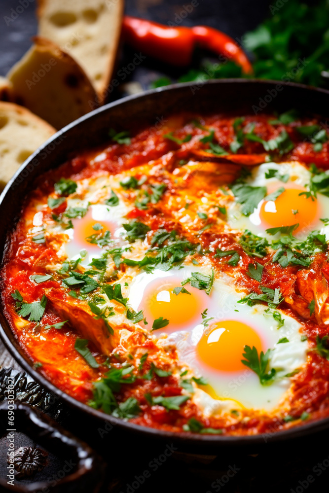 shakshuka in a frying pan. Selective focus. shakshuka in a frying pan. Selective focus.
