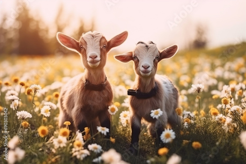 Two little funny baby goats playing in the field with flowers. Farm animals