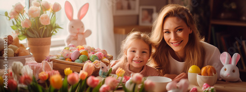 Mother and children at the Easter table. Selective focus.