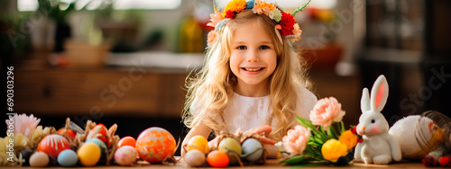 Child at the Easter table. Selective focus.