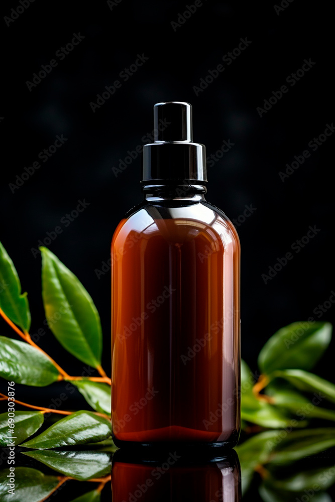 Bottle with cosmetics and herbal leaves. Selective focus. Bottle with cosmetics and herbal leaves. Selective focus.