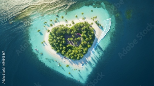 Aerial view of tropical island in heart shape with airplane shadow. Tropical paradise and beach holiday conceptual image.