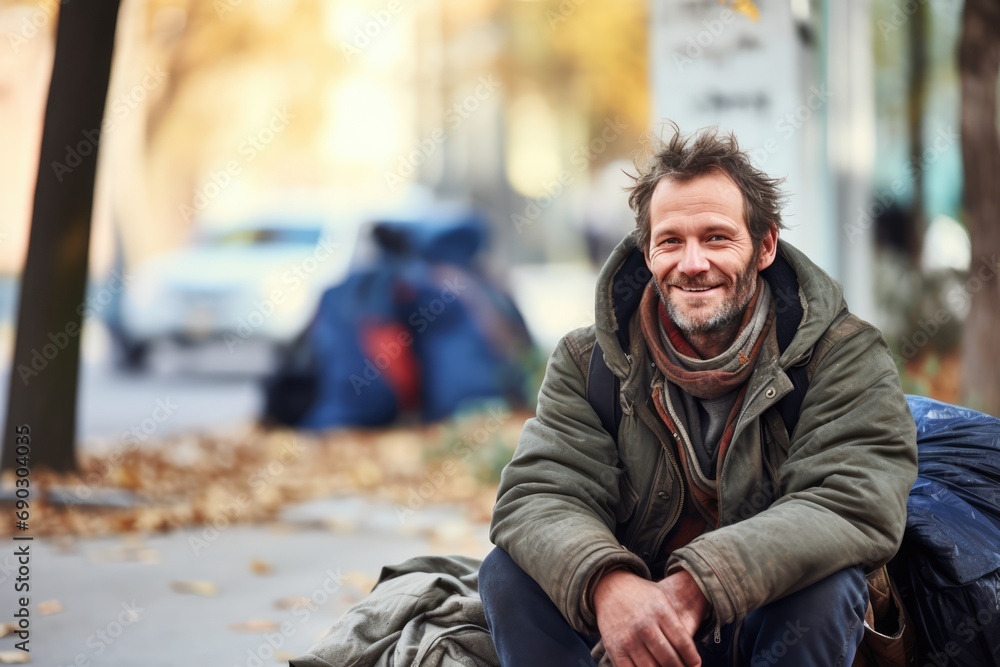 Homeless Man Sitting On The Street. Сoncept Street Photography, Social Issues, Urban Poverty, Human Connection Homeless Man Sitting On The Street. Сoncept Street Photography, Social Issues, Urban Poverty, Human Connection