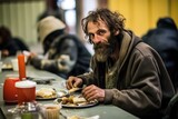 Homeless Man Eats In Shelters Canteen. Сoncept Crisis Response, Hunger Relief, Community Support, Socioeconomic Challenges