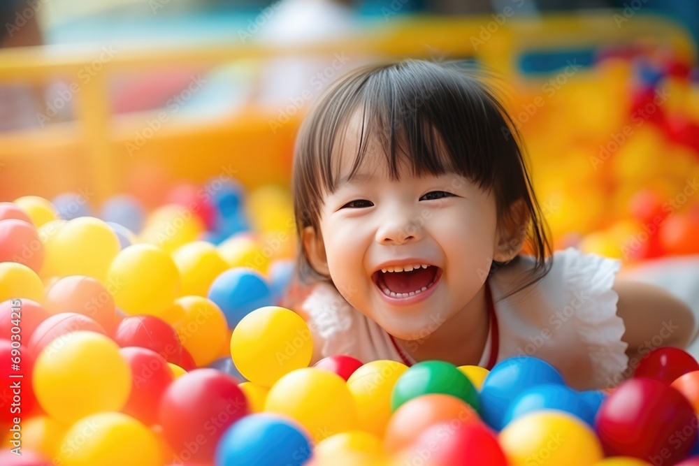 Little Girl Plays In Pool Of Colorful Plastic Balls