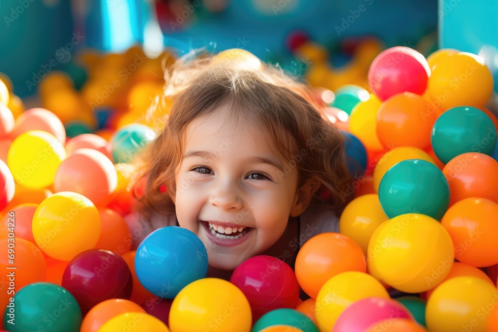 Obraz premium Little Girl Plays In Pool Of Colorful Plastic Balls