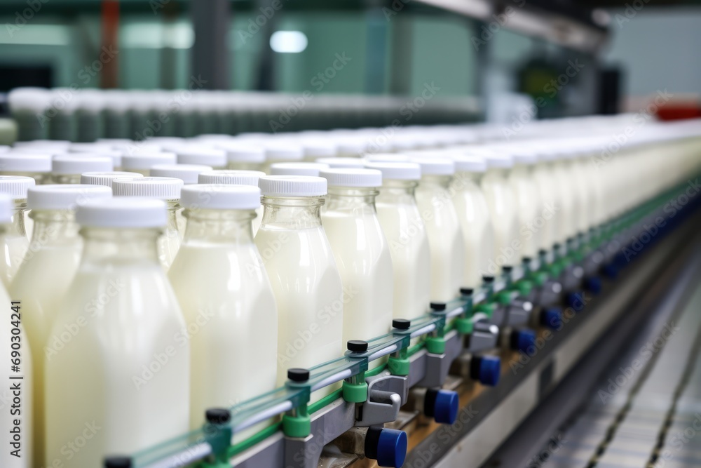 Milk And Yogurt Filling In Plastic Bottles At Dairy Factory. Сoncept Dairy Processing, Milk Bottling, Yogurt Production, Packaging, Factory Operations