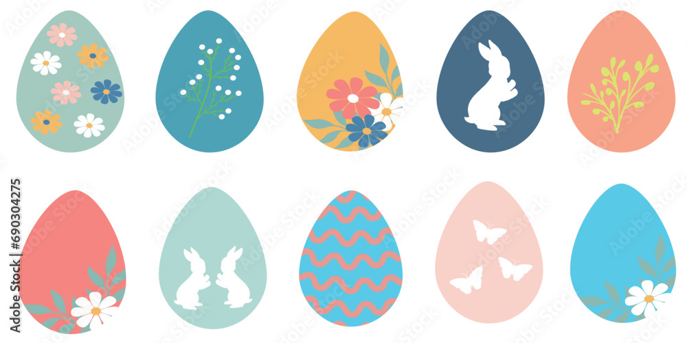 Set of easter eggs in flat style. Colorful decorated easter egg collection isolated on white background. Cute polka dots, rabbit and Floral decorative vector elements. Vector illustration Set of easter eggs in flat style. Colorful decorated easter egg collection isolated on white background. Cute polka dots, rabbit and Floral decorative vector elements. Vector illustration