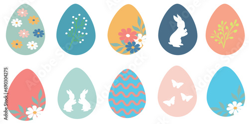 Set of easter eggs in flat style. Colorful decorated easter egg collection isolated on white background. Cute polka dots, rabbit and Floral decorative vector elements. Vector illustration