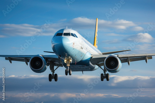 Passenger airplane flying in cloudy sky. Travel concept. Commercial air transport
