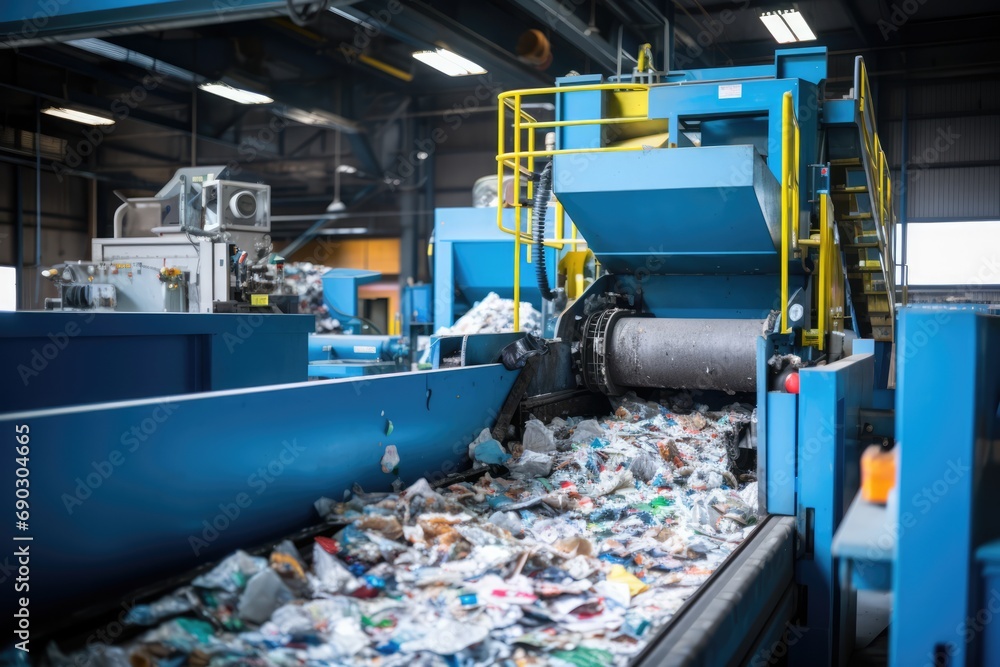 Recycling Machine Sorting Plastic Waste In Factory. Сoncept Sustainable Manufacturing, Plastic Recycling Process, Industrial Waste Management, Automated Sorting System