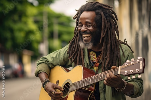 Rastafarian Musician Playing Guitar In The Street photo