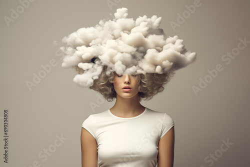 Head in the Clouds. A girl with a cloud on her head against a beige background. Concept of wandering thoughts. © Roxy jr.