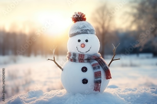 Smiling Snowman In Festive Winter Landscape © Anastasiia