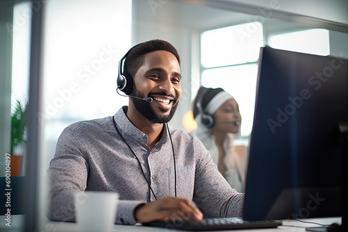 Smiling call center agent wearing headset talking to client working in customer support office. Professional contract service telemarketing operator using laptop having conversation