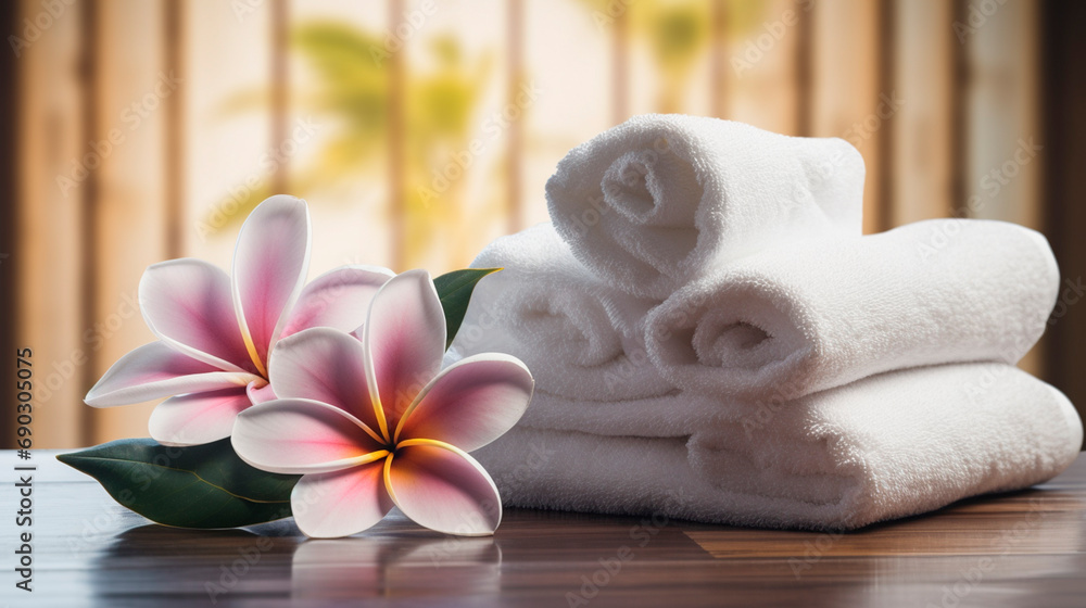 Towels on a tropical background with plumeria flowers. Selective focus. Towels on a tropical background with plumeria flowers. Selective focus.