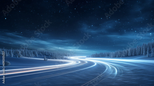 3D rendering of a snow covered glittering ground at road