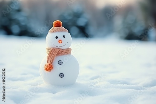 Tiny Cute Snowman On Snowy Field Christmas Festive © Anastasiia