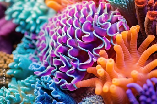 Macro background featuring sea life textures such as coral  shells or algae. Flower sea living coral and reef color under deep dark water of ocean environment underwater