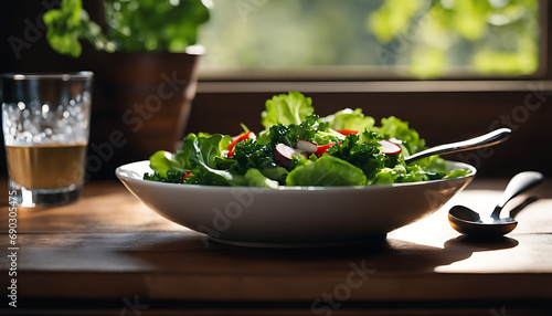 A white bowl filled with a fresh salad of lettuce, kale, and spinach sits on a wooden table, accompanied by a blue spoon and glass of water, appearing to be a wholesome and inviting meal.