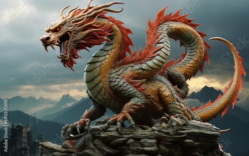 Big beautiful dragon standing on a rock