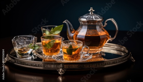 A Stylish Tray with Tea Pot and Glasses