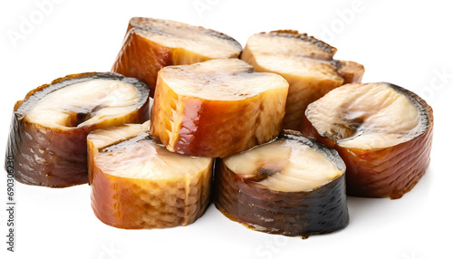  Smoked eel pieces isolated on white background, cutout