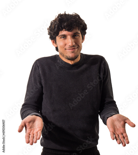 Wallpaper Mural A man in a black sweater is holding his hands out, isolated on white background in studio shot Torontodigital.ca