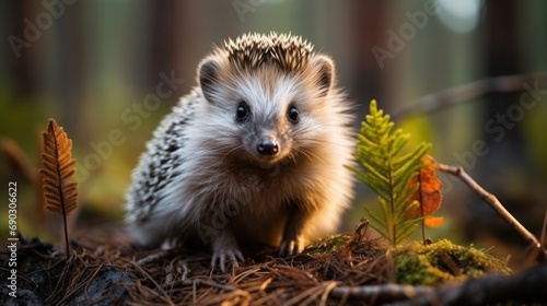Watchful hedgehogs between autumn leaves.