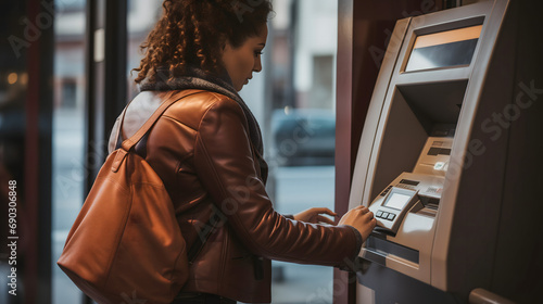 Une femme en train de retirer de l'argent à un distributeur de billets.