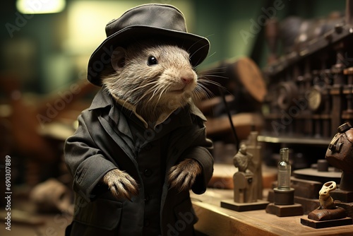 Stylized anthropomorphic mouse dressed as a detective in a vintage workshop