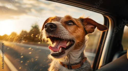 Experience the pure happiness of a dog on the move! This joyful pup, with head out the car window, embodies the spirit of adventure, making every journey a tail-wagging delight © STOCK-AI