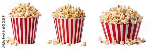 Collection of red white paper buckets full of popcorn on isolated white background