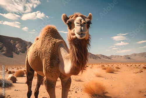 A friendly camel in the desert with a blue sky, fluffy clouds above, and a backdrop of distant mountains. photo