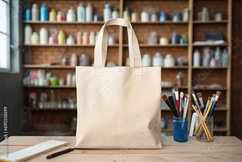 Stylish beige canvas tote bag mockup template on wooden table in art studio. Eco friendly totebag made of natural cotton. Reusable shopper ecobag mock up