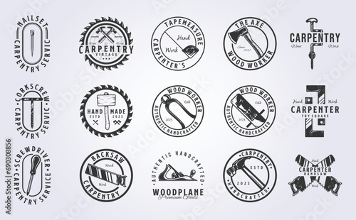 big bundle of wood worker tools logo vector illustration design, vintage style logo design