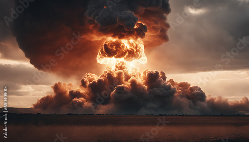 A massive, fiery atomic bomb explosion fills the sky with smoke and debris as its shockwave lifts the ground, emphasizing its immense destructive power.