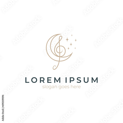 crescent moon line art illustration logo design with treble clef music