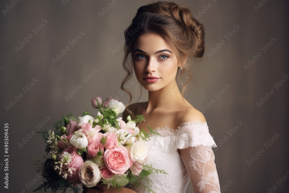 Naklejka premium Portrait of a woman in a wedding dress Beautiful bride holding a bouquet of flowers poses and smiles on her wedding day.