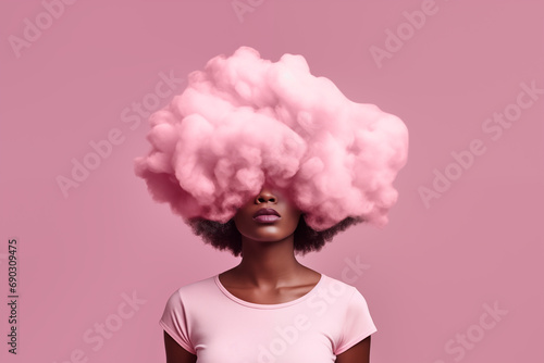 Head in the Clouds. A girl with a pink cloud on her head against a pink background. Concept of wandering thoughts. © Roxy jr.