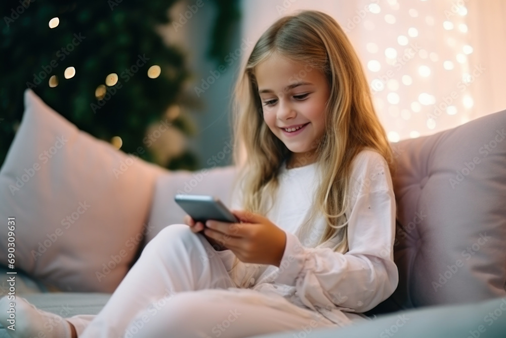 Cute young girl sitting on sofa at home at night using smartphone for entertainment and study. Cute young girl sitting on sofa at home at night using smartphone for entertainment and study.