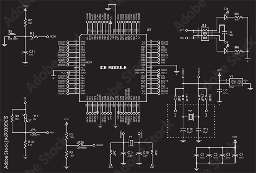 Vector electrical schematic diagram of an digital
electronic device with lcd, operating under the control of a microcontroller.
Sheet 2 of 3.