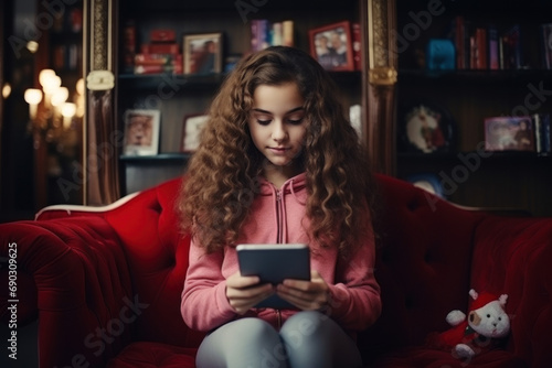 Cute young girl sitting on sofa at home at night using smartphone for entertainment and study.