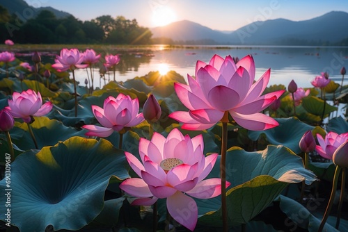 pink lotus flowers on a lake photo