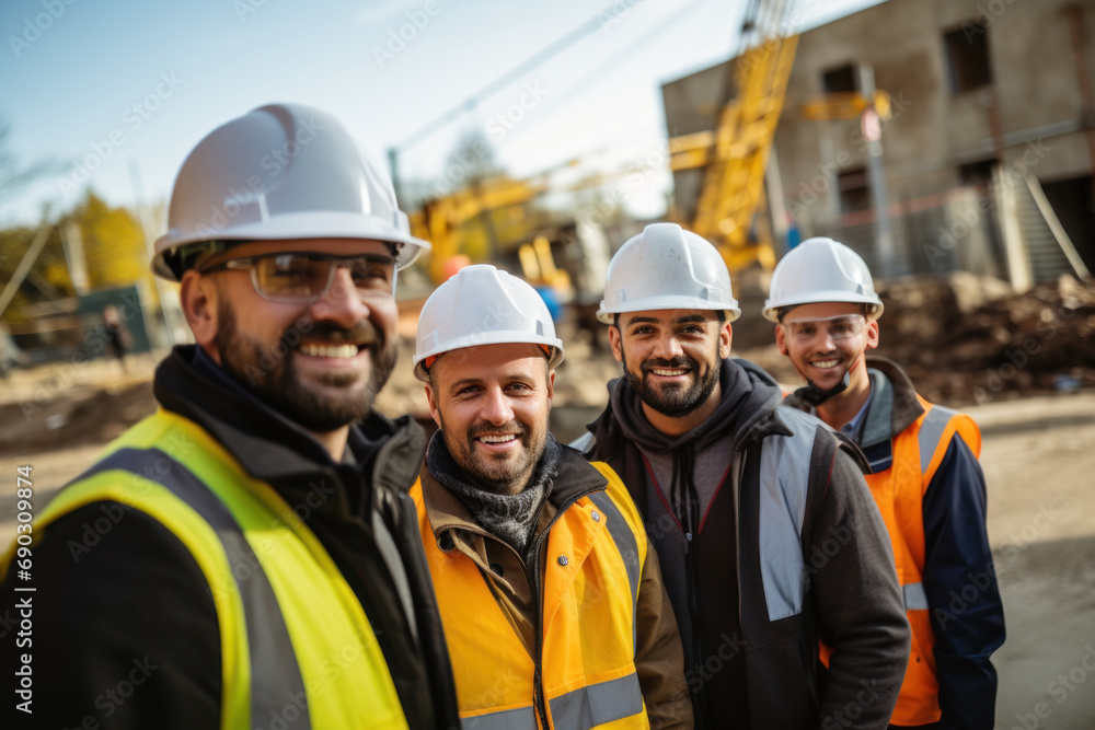 A group of smiling engineers and professionals wearing hard hats and helmets on a construction site A group of smiling engineers and professionals wearing hard hats and helmets on a construction site