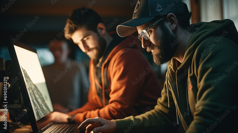 Two men with Autism working on computer in an office. Concept of Diverse team Two men with Autism working on computer in an office. Concept of Diverse team