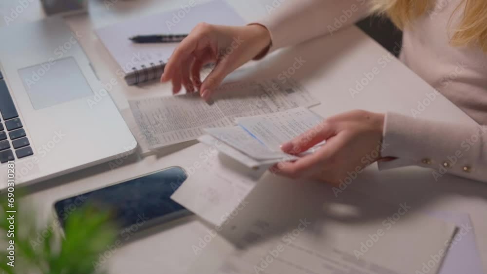 Female calculating family budget financial and accounting at home, young woman working with financial data calculator with tablet computer and writing make note calculate, pay bills tax online Female calculating family budget financial and accounting at home, young woman working with financial data calculator with tablet computer and writing make note calculate, pay bills tax online