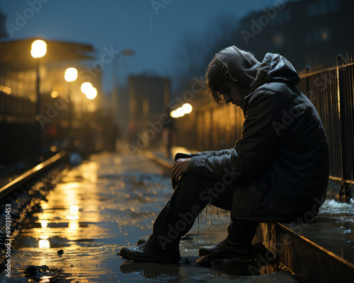 A man sitting and contemplating her sadness and depression, mental health, Generative AI