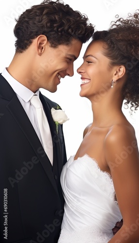 Closeup shot of a young smiling bride and groom looking into each other's eyes. Isolated over white background.