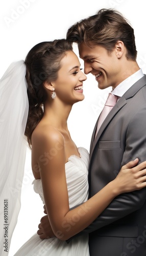 Closeup shot of a young smiling bride and groom looking into each other's eyes. Isolated over white background.